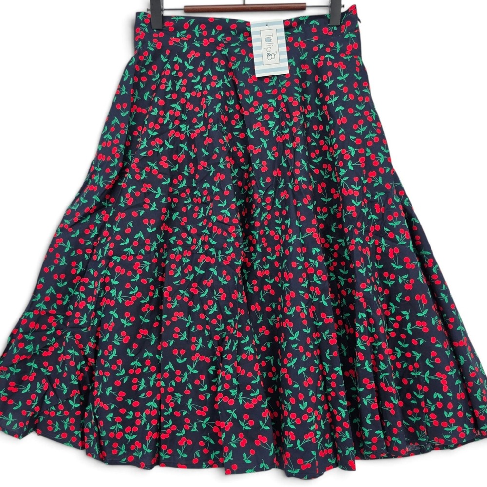 Tulip B Cherry Print Navy Cotton Midi Skirt M Cottagecore Stretch Pockets NWT